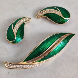 RARE Dior Guilloche Green Enamel & Crystals Teardrop Leaf Brooch & Earrings Set